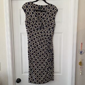 Ralph Lauren Navy Knee Length Dress with Cream/Yellow Chain Print With Ruching